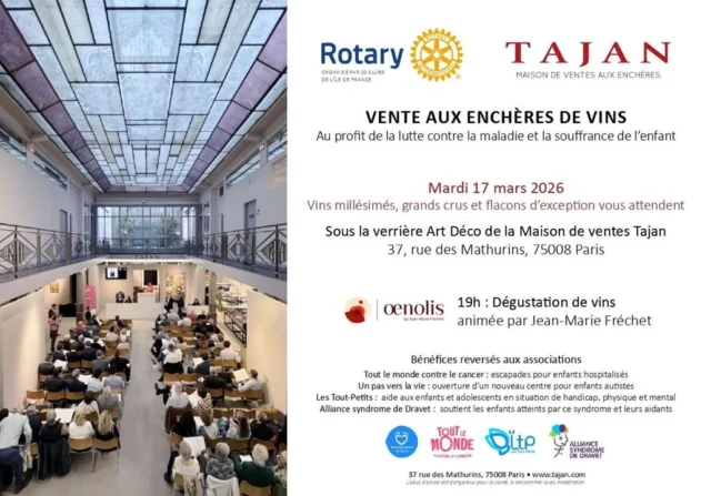 🔥 Quand un grand vin rime avec une grande cause… 🔥Le 17 mars 2026, chaque bouteille mise aux enchères deviendra une source d’espoir pour les enfants en difficulté .📍 Tajan | Ventes aux enchères Maison de Ventes Tajan, 37 rue des Mathurins, 75008 Paris
🕒 19h00 : Dégustation exclusive de grands terroirs de Bourgogne en premiers crus animée par Jean-Marie Fréchet, sommelier
🕣 20h30 : Vente aux enchères caritativeLes bénéfices iront à Un pas vers la vie, Tout le monde contre le cancer, les Tout petits et Alliance Syndrome de Dravet.📌 Chaque enchère compte !
👉 Inscrivez-vous dès maintenant : https://tinyurl.com/5n7cpaxs
🔗 Enchérissez en ligne : https://www.tajan.com/v1/auction-catalog/vente-vins-au-profit-de-rotary_BIB40U5RD6#Rotary #VenteVins #Solidarité #Dégustation #Rotary #Paris #Tajan